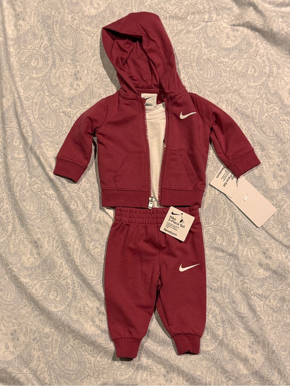 Nike Infant Burgundy Hooded Zip Sweat jacket and pants with white bodysuit